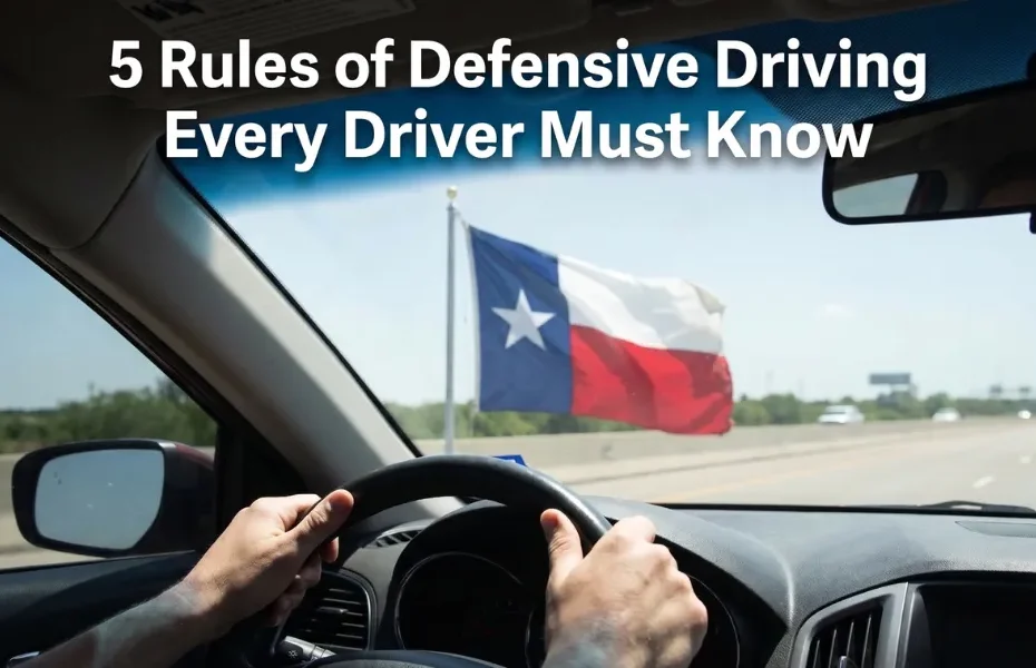 Driver holding a steering wheel on a Texas highway with a Texas flag, illustrating the five rules of defensive driving – blog hero image.