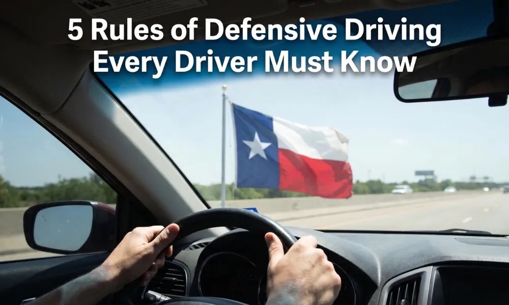 Driver holding a steering wheel on a Texas highway with a Texas flag, illustrating the five rules of defensive driving – blog hero image.