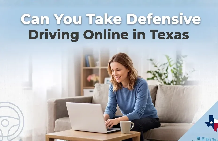 Woman taking an online defensive driving course on a laptop at home – hero image for a blog about completing defensive driving online in Texas.