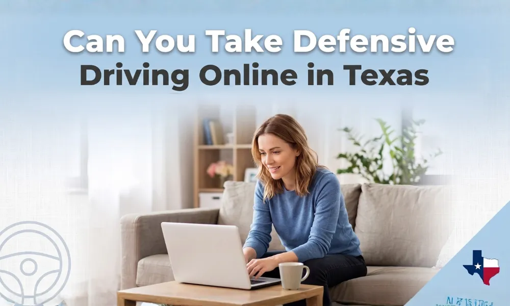 Woman taking an online defensive driving course on a laptop at home – hero image for a blog about completing defensive driving online in Texas.