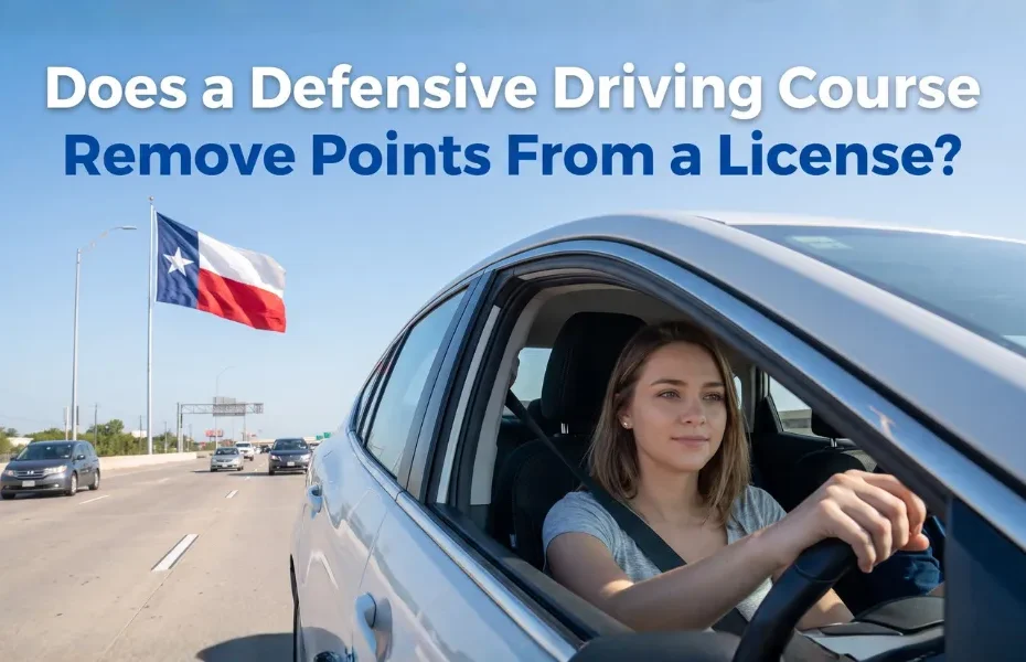 Young driver behind the wheel on a Texas highway with a Texas flag in the background and the text 'Does a Defensive Driving Course Remove Points From a License?