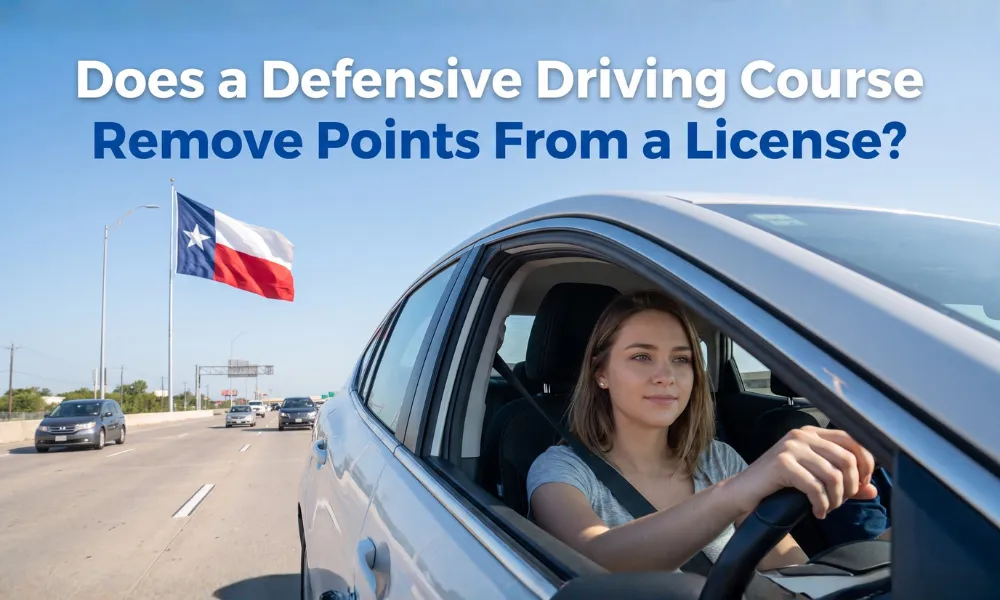 Young driver behind the wheel on a Texas highway with a Texas flag in the background and the text 'Does a Defensive Driving Course Remove Points From a License?