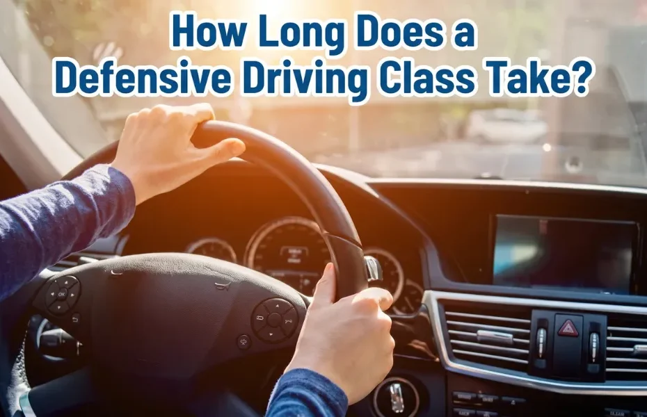 Defensive driving class duration explained with driver behind the wheel, blog hero image about how long a defensive driving course takes.