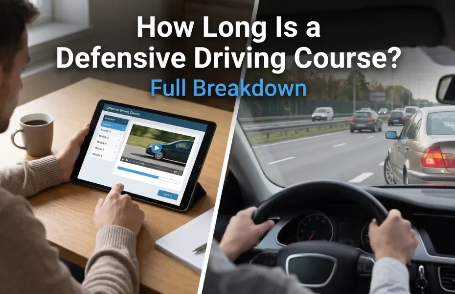 Defensive driving course duration guide showing online course modules and safe driving practice on highway.