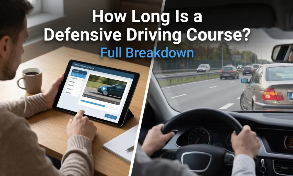 Defensive driving course duration guide showing online course modules and safe driving practice on highway.
