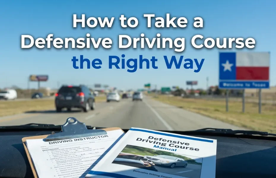 Defensive driving course manual and instructor checklist inside a car on a Texas highway – hero image for a blog on how to take a defensive driving course the right way.
