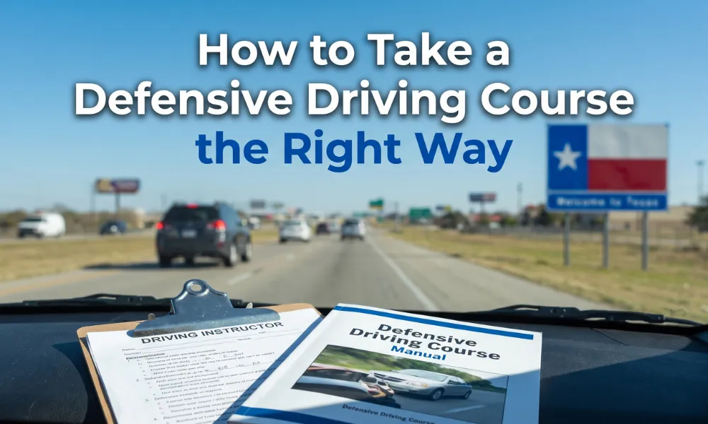 Defensive driving course manual and instructor checklist inside a car on a Texas highway – hero image for a blog on how to take a defensive driving course the right way.