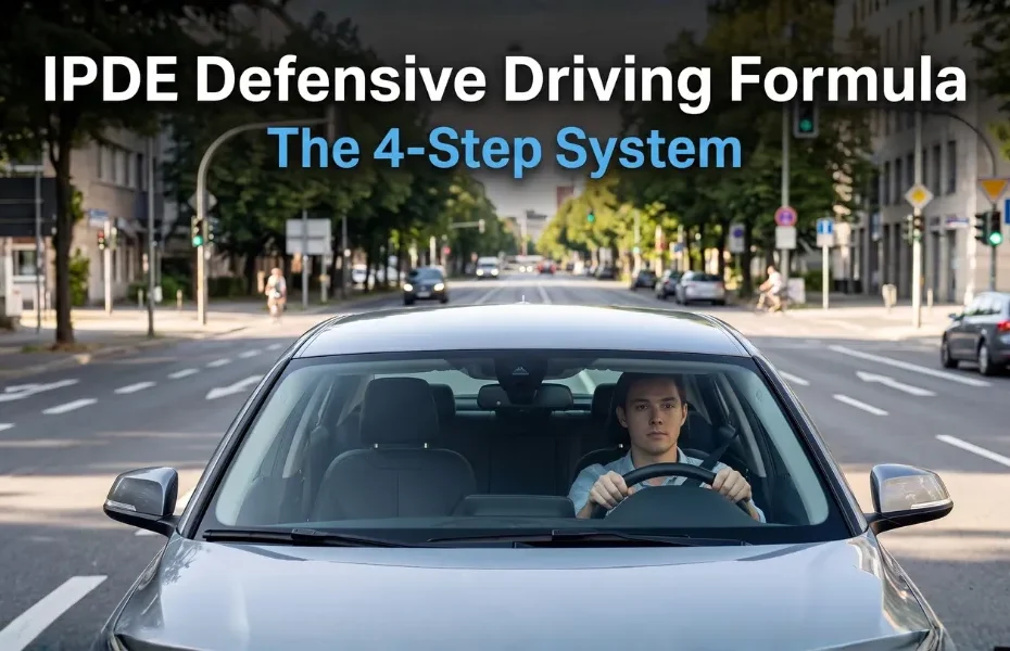 IPDE defensive driving formula explained with a driver navigating a city street, demonstrating the four-step defensive driving system.