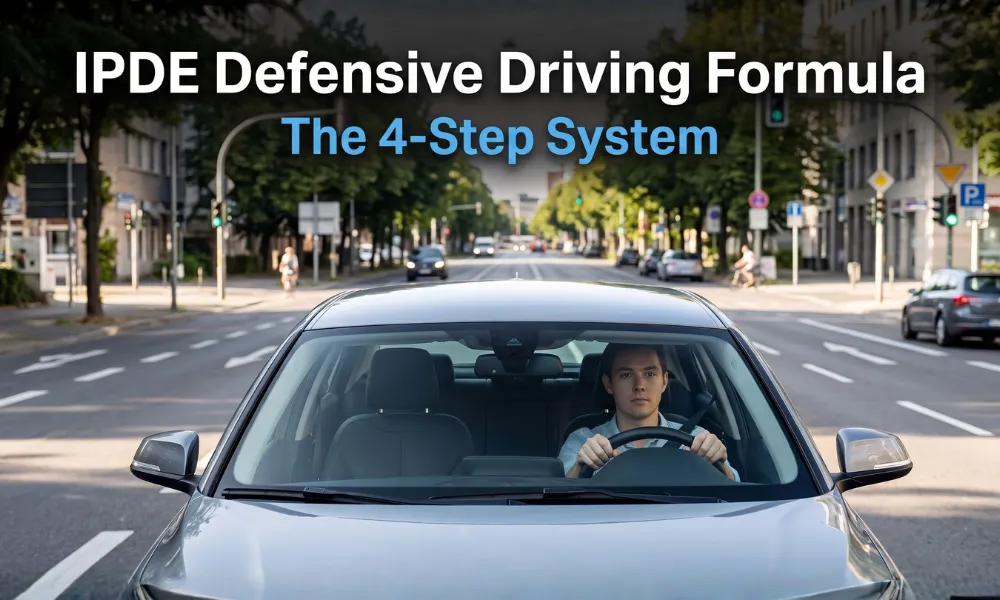 IPDE defensive driving formula explained with a driver navigating a city street, demonstrating the four-step defensive driving system.
