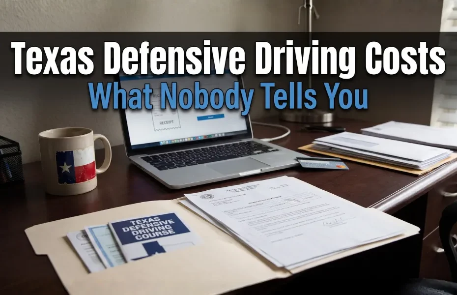 Texas defensive driving costs explained with course documents and laptop, blog hero image about defensive driving course fees in Texas