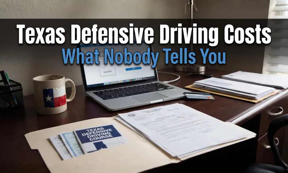 Texas defensive driving costs explained with course documents and laptop, blog hero image about defensive driving course fees in Texas