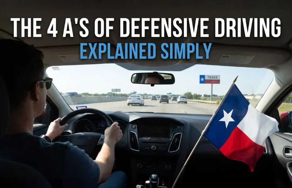 Driver on a Texas highway demonstrating the 4 A's of defensive driving with a Texas flag inside the car – hero image for a blog explaining defensive driving principles.