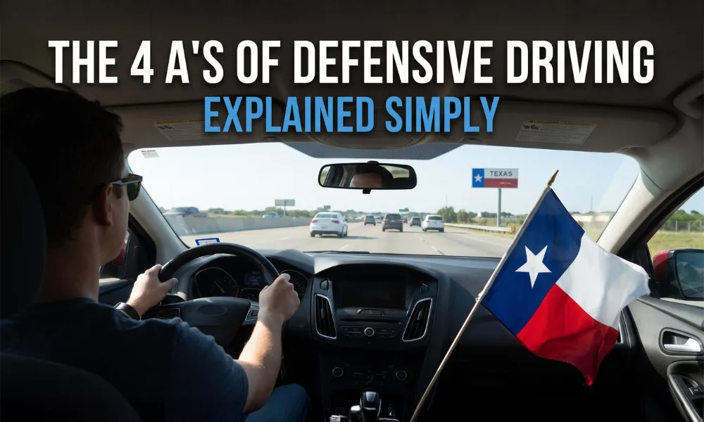 Driver on a Texas highway demonstrating the 4 A's of defensive driving with a Texas flag inside the car – hero image for a blog explaining defensive driving principles.