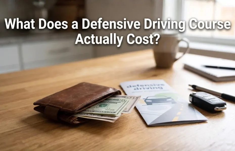 Wallet containing cash next to a defensive driving course brochure, car keys, and a pen on a wooden table with the text 'What Does a Defensive Driving Course Actually Cost?