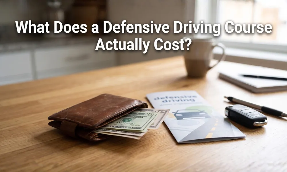 Wallet containing cash next to a defensive driving course brochure, car keys, and a pen on a wooden table with the text 'What Does a Defensive Driving Course Actually Cost?