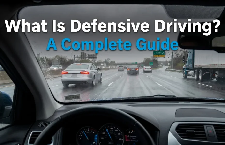 What is defensive driving example with a driver maintaining road safety in wet conditions.