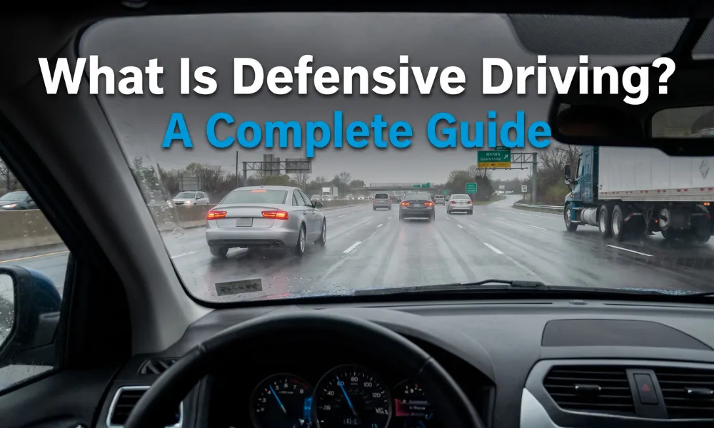 What is defensive driving example with a driver maintaining road safety in wet conditions.