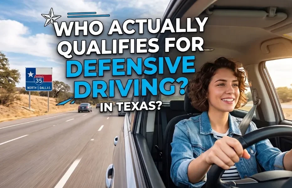 Woman driving on a Texas highway, illustrating who qualifies for a defensive driving course in Texas – hero image for a blog about defensive driving eligibility.