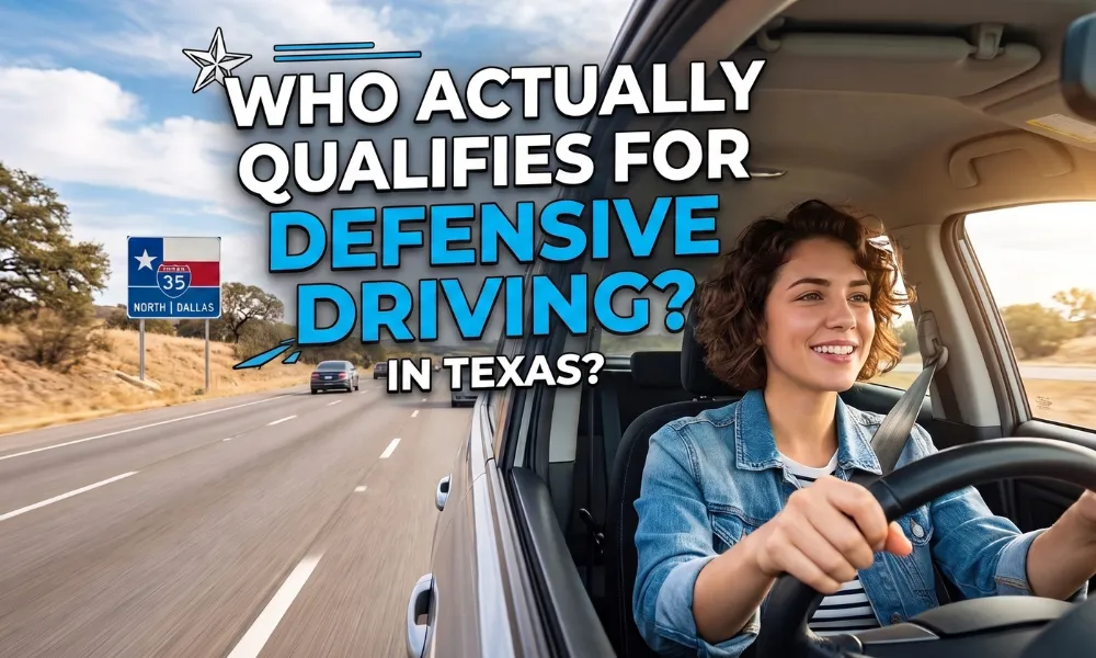 Woman driving on a Texas highway, illustrating who qualifies for a defensive driving course in Texas – hero image for a blog about defensive driving eligibility.