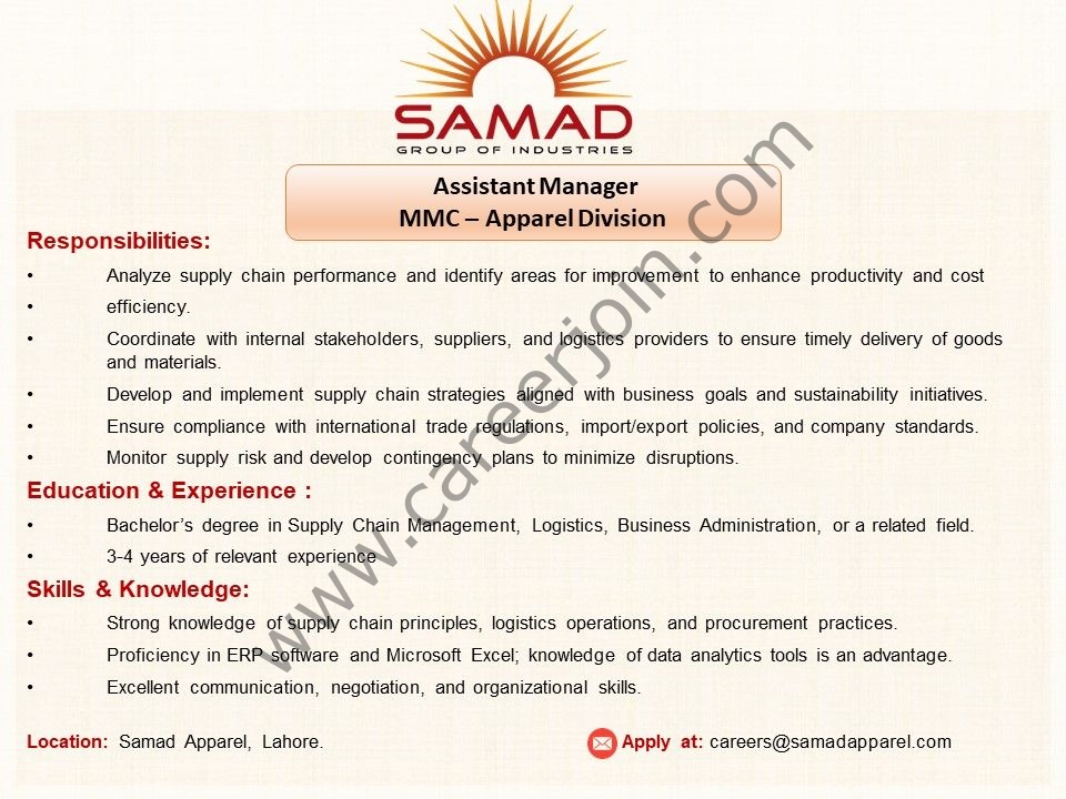 Samad Group Of Industries Jobs Assistant Manager MMC 4 Samad Apaprel