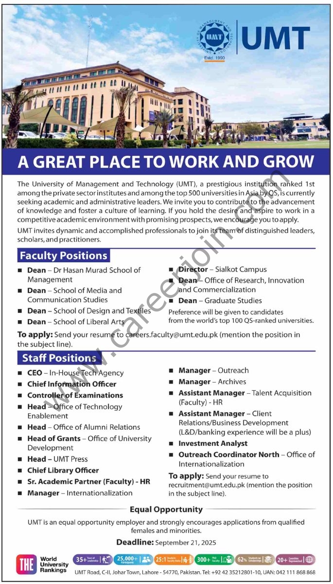 University of Management And Technology UMT Jobs 14 September 2025 Dawn 685x1200 1