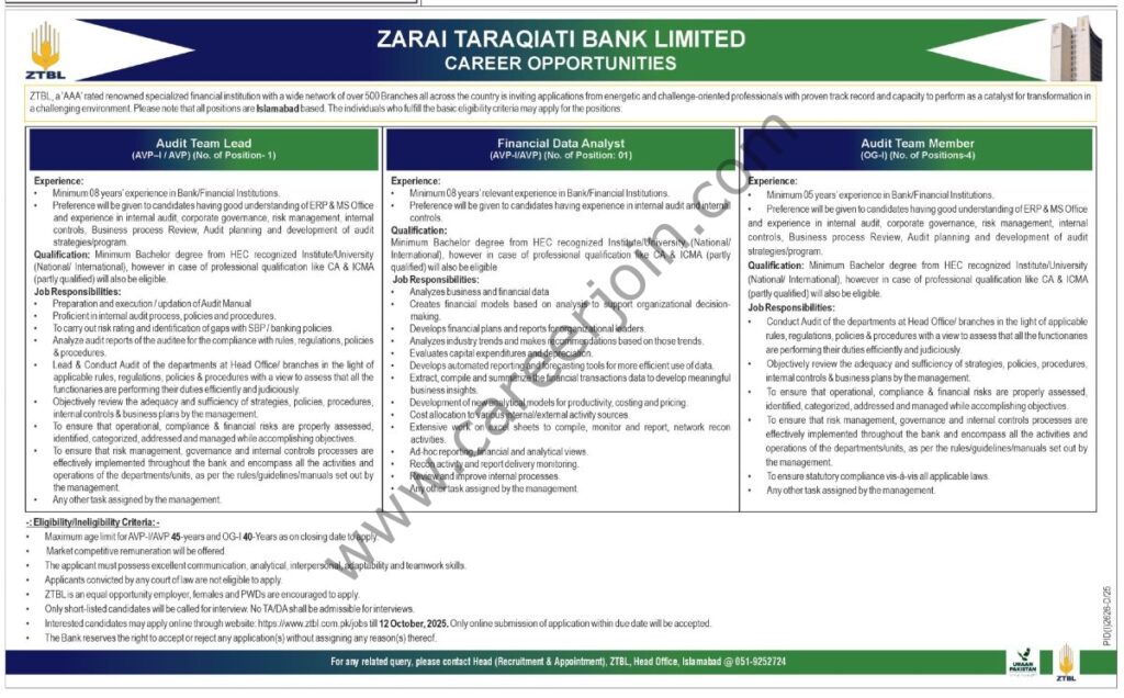 Zarai Taraqiati Bank Ltd ZTBL Jobs 28 September 2025 Express Tribune 01 1200x745 1