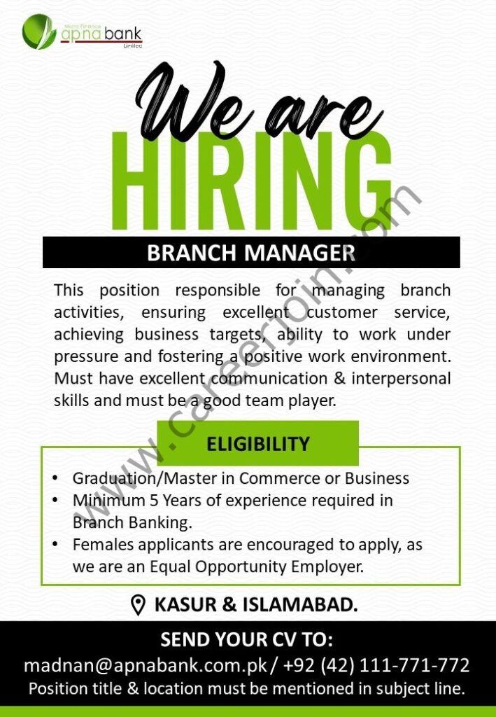 APNA Microfinance Bank Jobs Branch Manager 4 APNA Microfinance