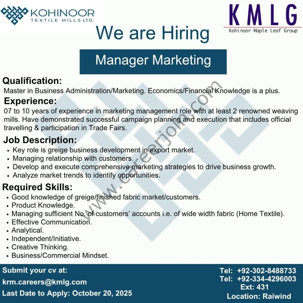 Kohinoor Textile Mills Limited Jobs Manager Marketing 4 Kohinoor