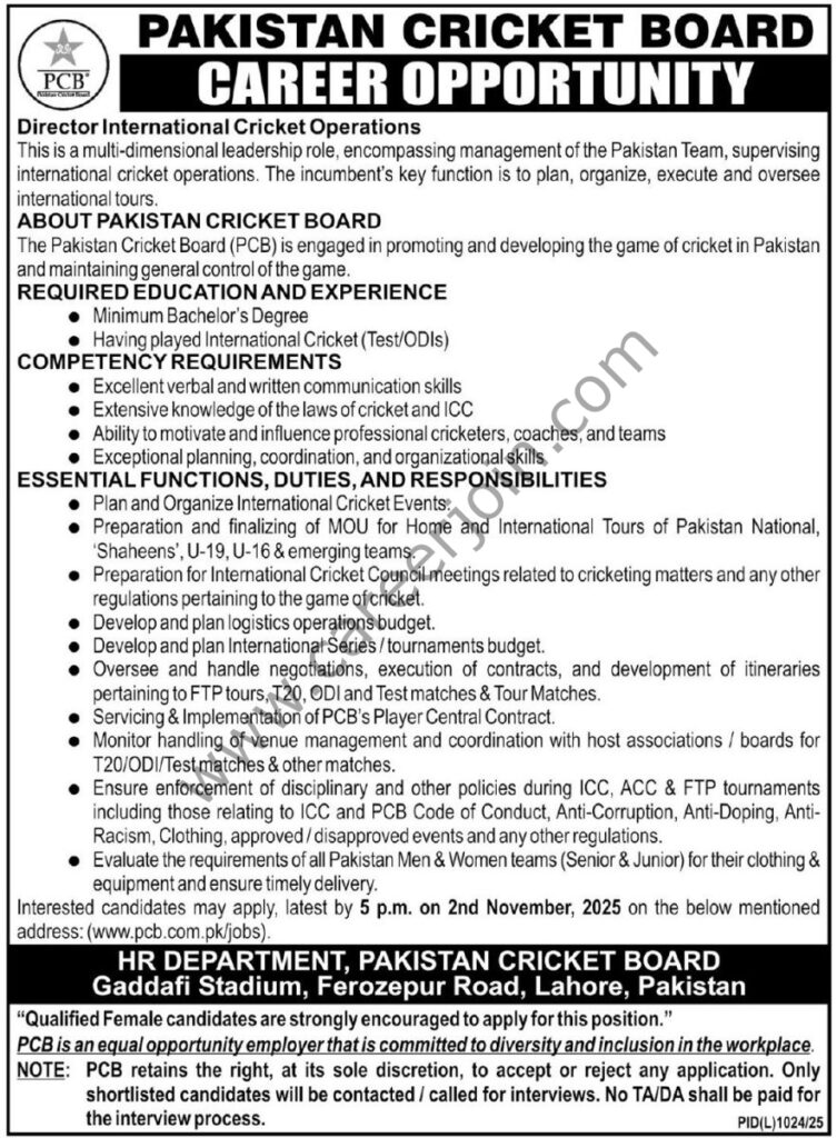 Pakistan Cricket Board PCB Jobs 19 October 2025 Express Tribune 883x1200 1