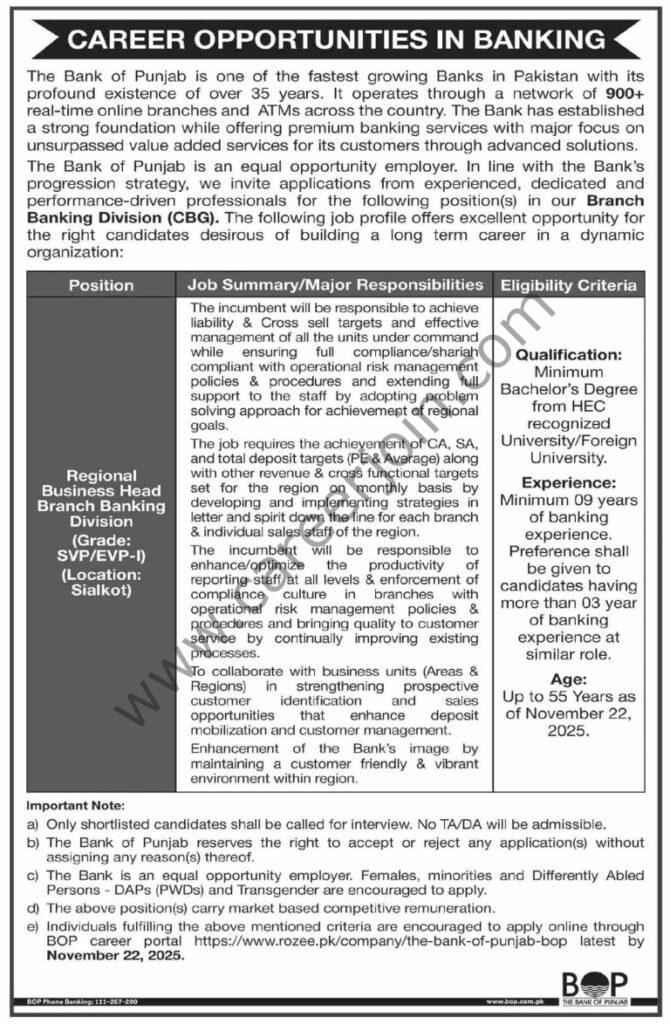Bank of Punjab BOP Jobs Regional Business Head 4 Bank of Punjab BOP Jobs 09 November 2025 Dawn 768x1174 1