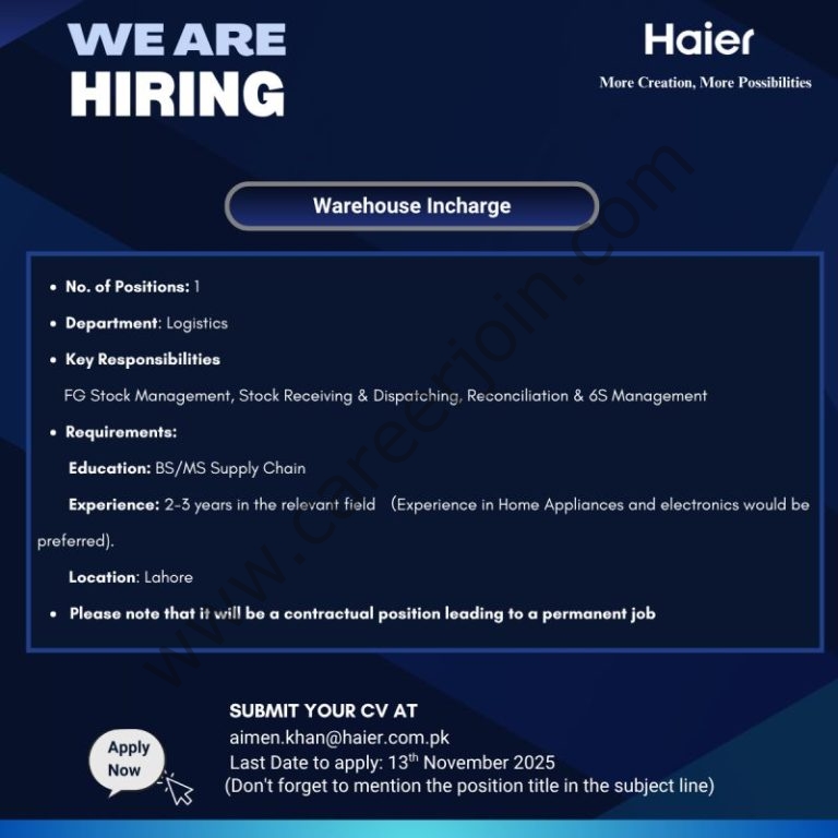 Haier Pakistan Jobs Warehouse Incharge 4 HAier Pakistan 1 768x768 1