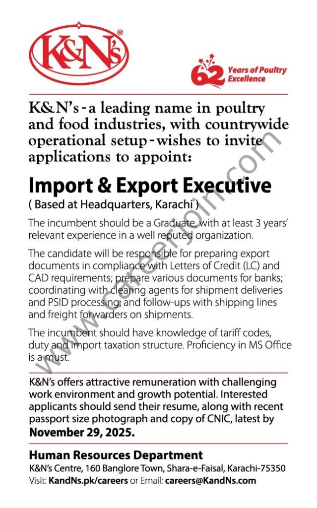 K&N’s Pakistan Jobs Import & Export Executive 4 KN Pakistan 1