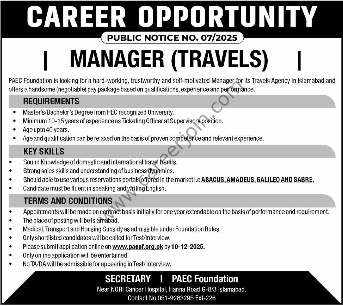 PACE Foundation Jobs Manager (Travels) 4 PACE Foundation Jobs 23 November 2025 Express Tribune 1200x1070 1