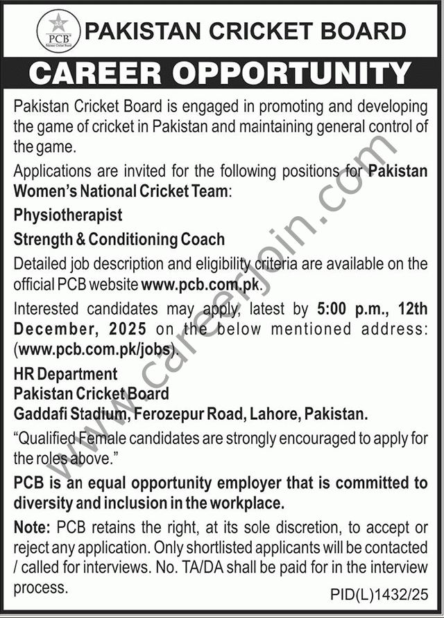 Pakistan Cricket Board PCB Jobs 27 November 2025 Nawaiwaqt