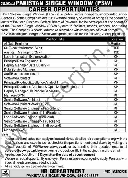 Pakistan Single Window PSW Jobs 02 November 2025