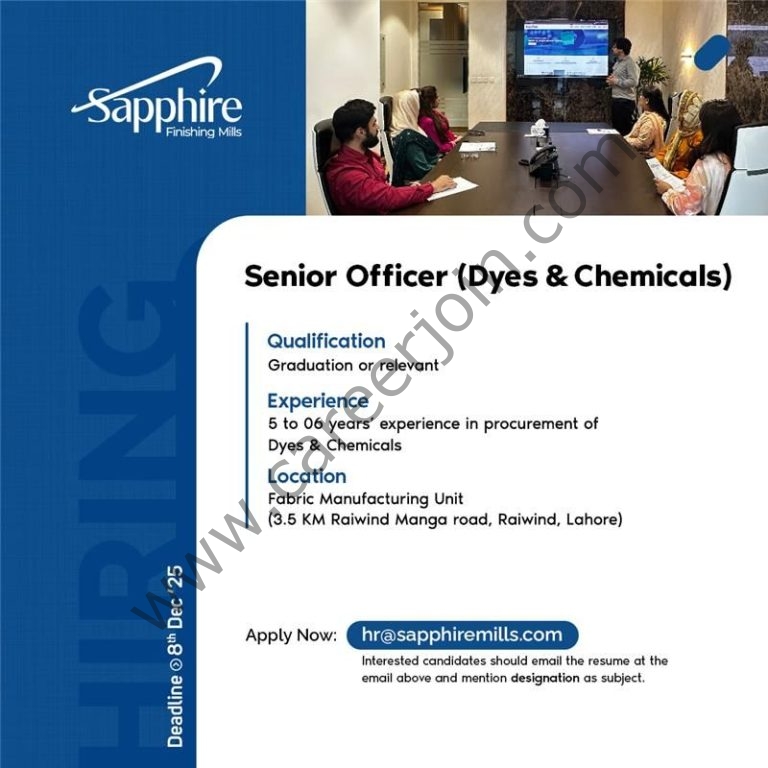 Sapphire Finishing Mills Jobs Senior Officer (Dyes & Chemicals) 4 Sapphire Finishing Mills 2 768x768 1