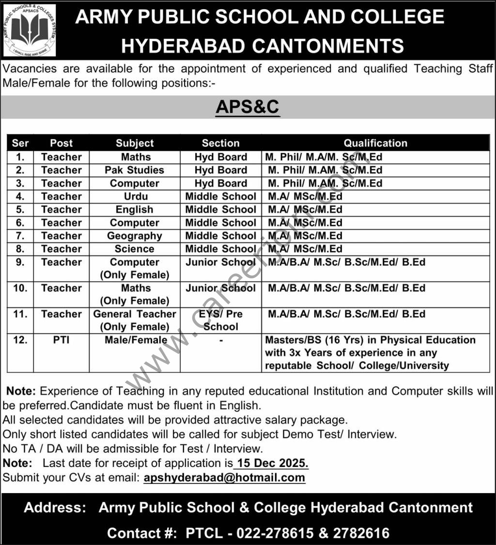 Army Public School & College Jobs December 2025 4 Army Public School College Hyderabad Jobs 07 December 2025