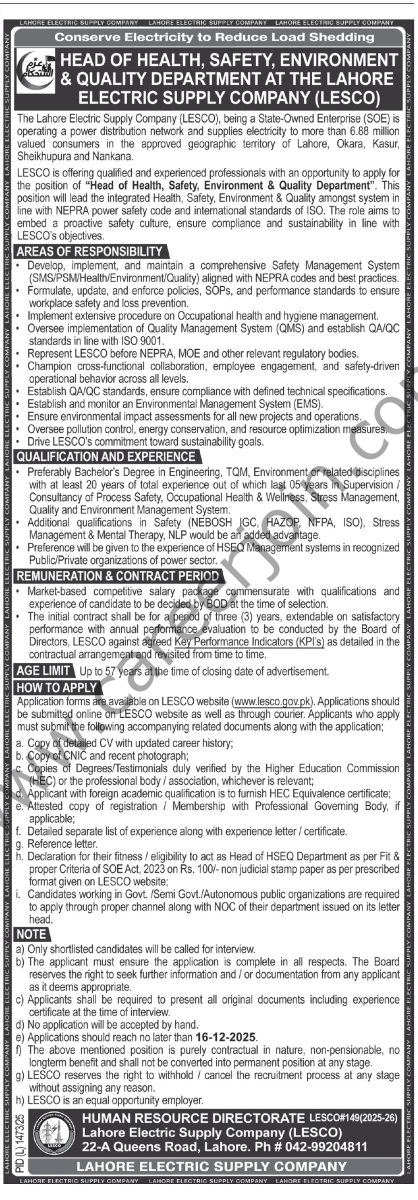 Lahore Electric Supply Co LESCO Jobs 30 November 2025 Express Tribune 418x1200 1