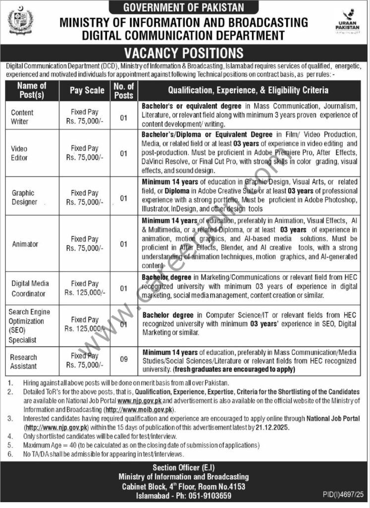 Ministry of Information & Broadcasting Jobs December 2025 4 Ministry of Information Broadcasting Jobs 07 December 2025 Express Tribune 875x1200 1