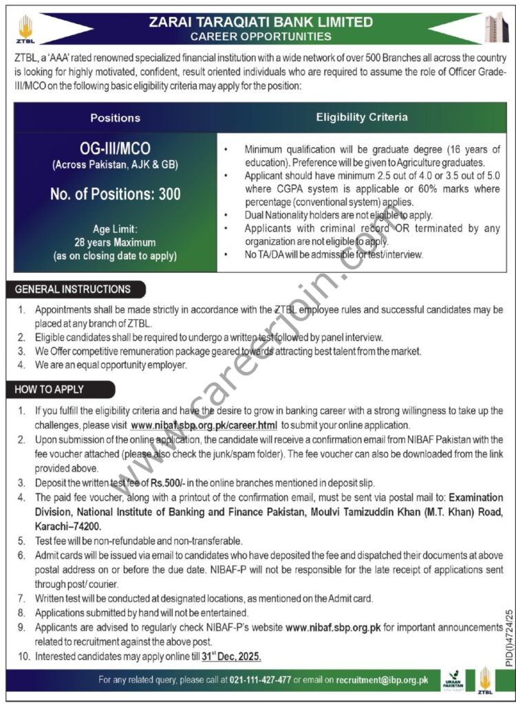 Zarai Taraqiati Bank Ltd ZTBL Jobs 07 December 2025 Express Tribune 879x1200 1