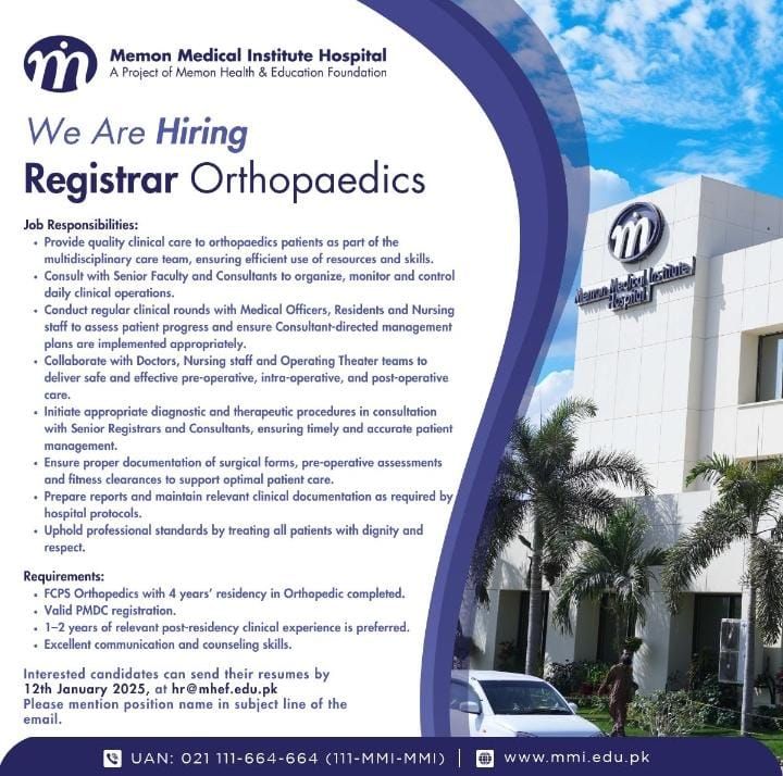 Memon Medical Institute MMI Hospital Jobs Registrar Orthopaedics 4 MMI HOspital