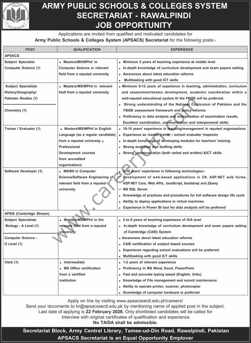 Army Public Schools Colleges System APS Jobs 08 February 2026