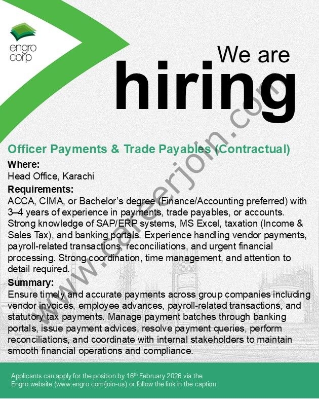Engro Corporation Limited Jobs Officer Payments & Trade Payables 4 Engro