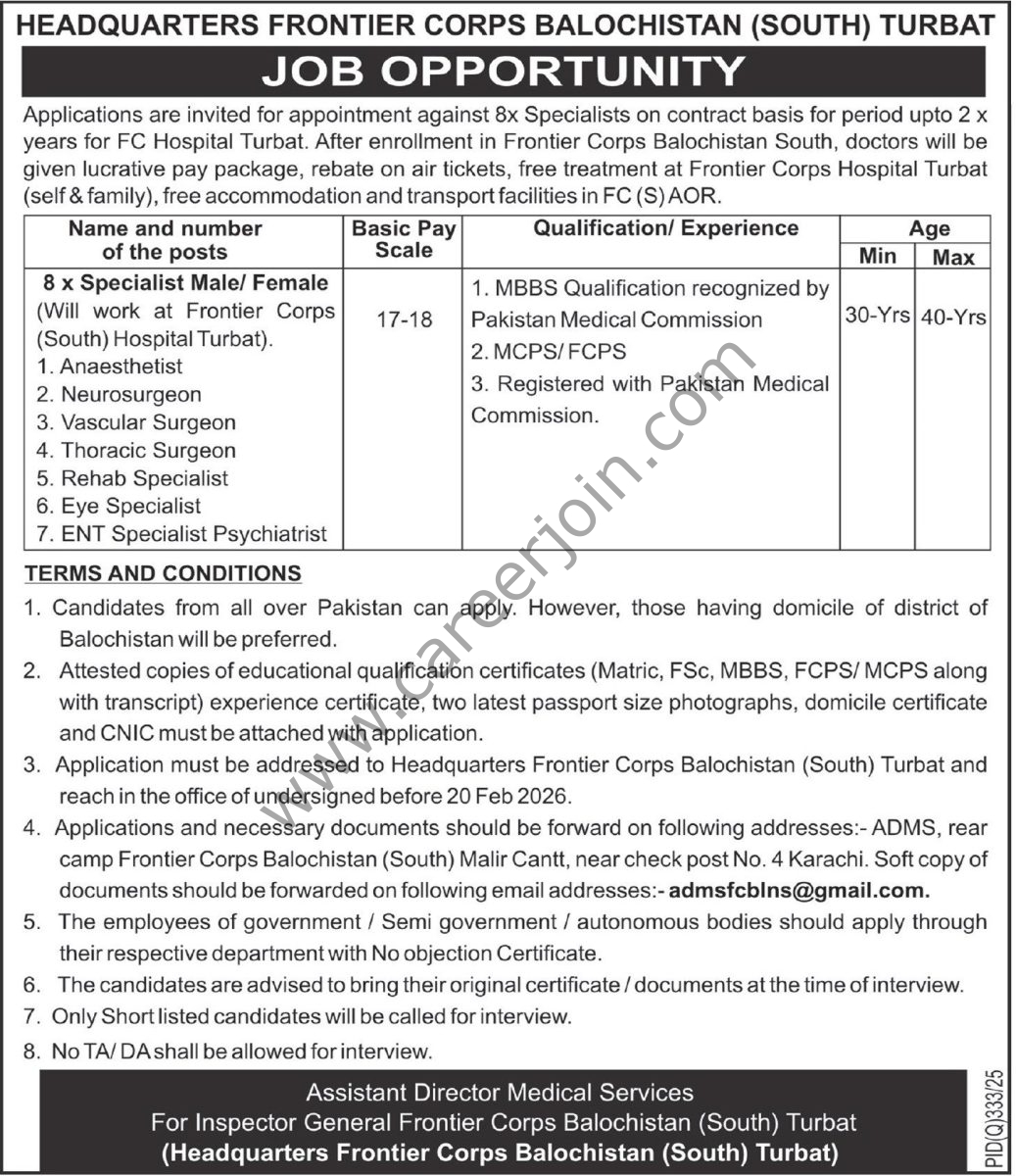 Headquaters Frontier Corps Balochistan South Turbat Jobs Specialist 4 HeadQuaters Frontier Corps Balochistan South Turbat Jobs 08 February 2026 Express Tribune 1037x1200 1