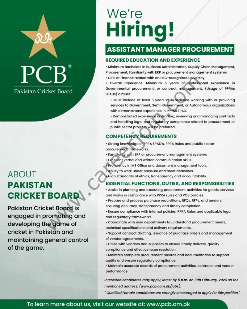 Pakistan Cricket Board PCB Jobs Assistant Manager Procurement 4 PCB