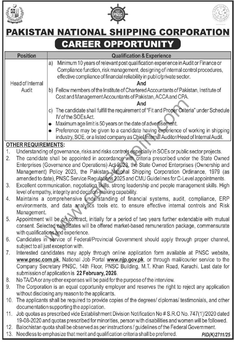 Pakistan National Shipping Corp PNSC Jobs Head of Internal Audit 4 Pakistan National Shipping Corp PNSC Jobs 08 February 2026 Express Tribune 820x1200 1