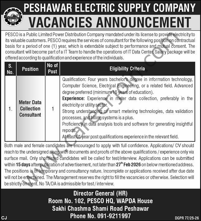 Peshawar Electric Supply Co PESCO Jobs Meter Data Collection Consultant 4 Peshawar Electric Supply Co PESCO Jobs 12 February 2026