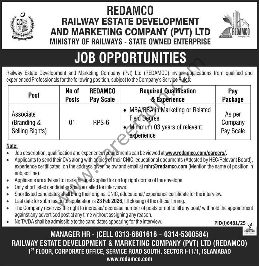 Railway Estate Development Marketing Co Pvt Ltd REDAMCO Jobs 08 February 2026