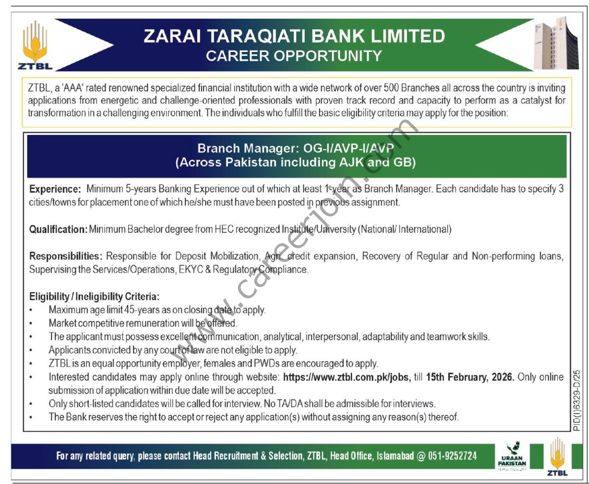 Zarai Taraqiati Bank Ltd ZTBL Jobs 01 February 2026 Express Tribune 1200x987 1
